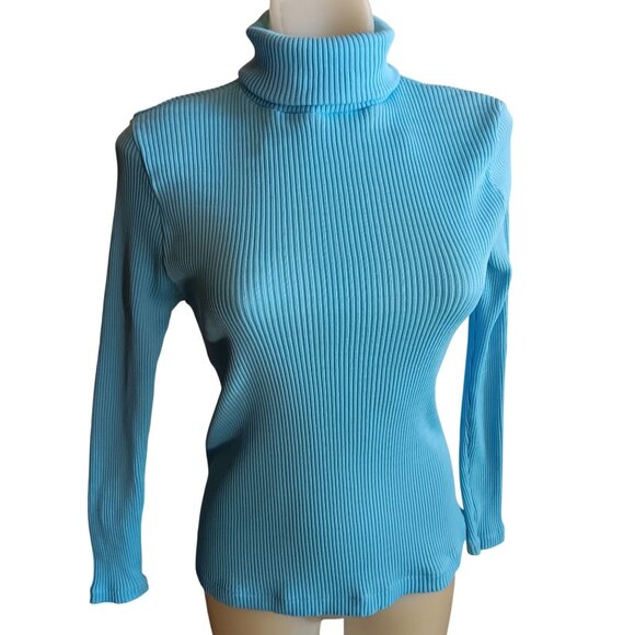 Medium Vintage Single Stitch Turtleneck Sweater Top Ribbed Baby Blue Back Zipper - Picture 2 of 7